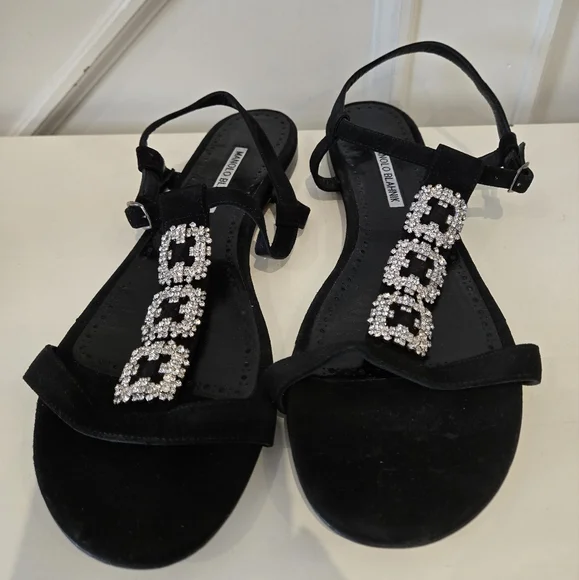 Manolo Blahnik Black Suede Crystal T-Strap Sandals Size 41 - Picture 2 of 8